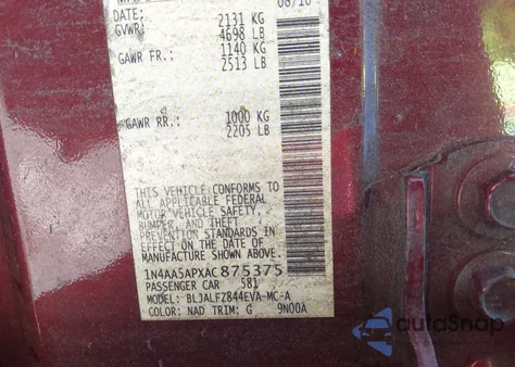 2010 Nissan Maxima 3.5 Sv from USA, damaged, VIN 1N4AA5APXAC875375